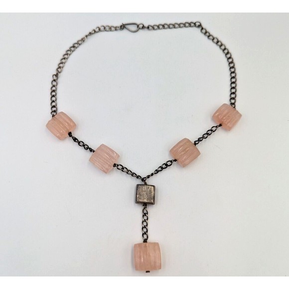 Rose Quartz Sterling Silver Necklace Y-Drop Modernist Art Deco Carved Gemstones